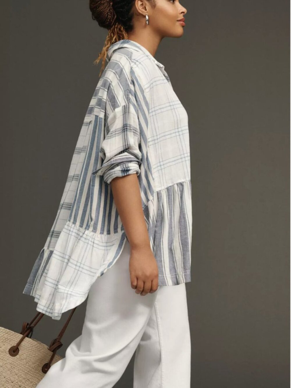 Pilcro by ANTHROPOLOGIE Button down Flounce BLUE Plaid Striped Shirt NWT SZ L